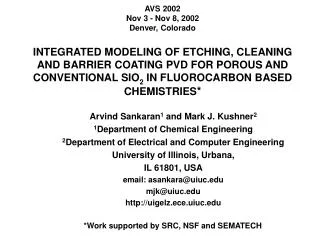 Arvind Sankaran 1 and Mark J. Kushner 2 1 Department of Chemical Engineering 2 Department of Electrical and Computer En