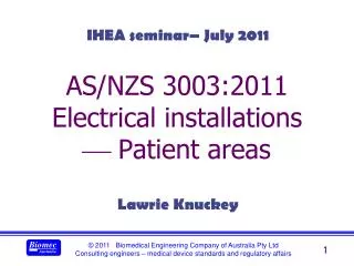 AS/NZS 3003:2011 Electrical installations ? Patient areas