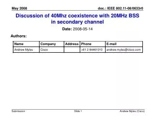 Discussion of 40Mhz coexistence with 20MHz BSS in secondary channel