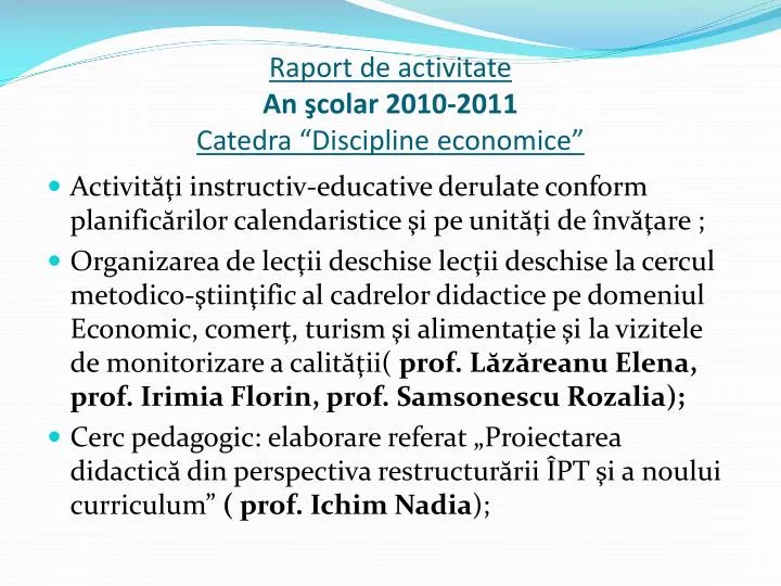 raport de activitate an colar 2010 2011 catedra discipline economice