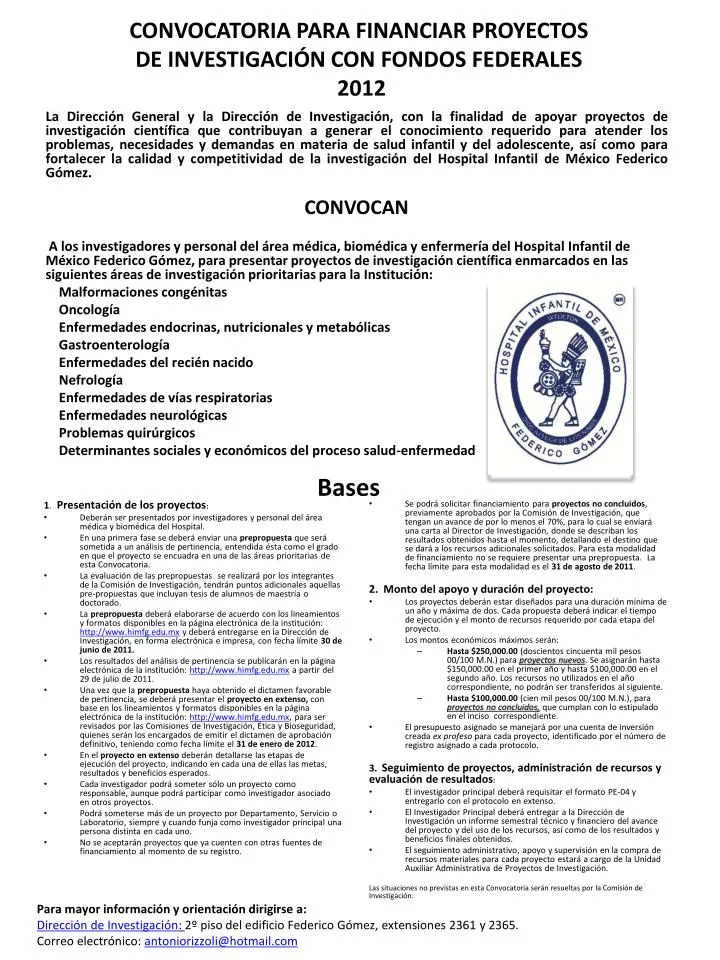 convocatoria para financiar proyectos de investigaci n con fondos federales 2012