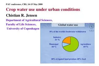 FAU conference, CBS, 14-15 May 2008 Crop water use under urban conditions Chistian R. Jensen Department of Agricultural