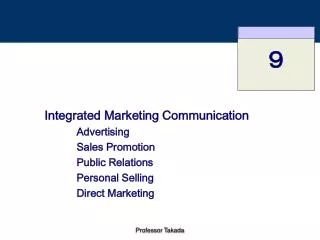 Integrated Marketing Communication 	Advertising 	Sales Promotion 	Public Relations 	Personal Selling 	Direct Marketin