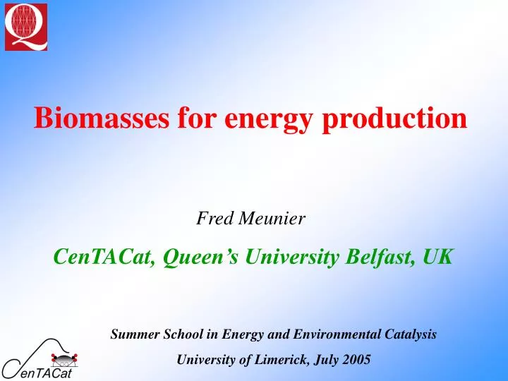 biomasses for energy production fred meunier centacat queen s university belfast uk