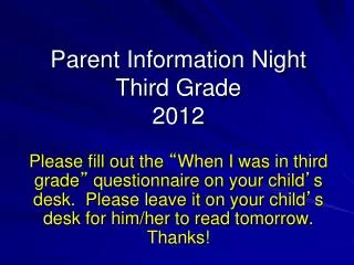 Parent Information Night Third Grade 2012