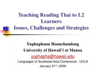 Teaching Reading Thai to L2 Learners Issues, Challenges and Strategies