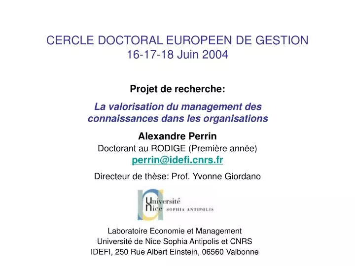 cercle doctoral europeen de gestion 16 17 18 juin 2004