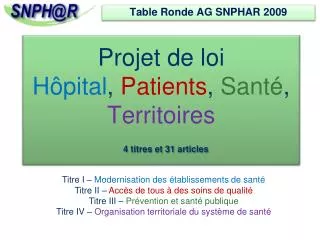 Projet de loi Hôpital , Patients , Santé , Territoires 4 titres et 31 articles