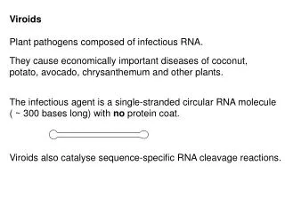 Viroids Plant pathogens composed of infectious RNA .