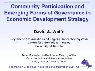 Community Participation and Emerging Forms of Governance in Economic Development Strategy