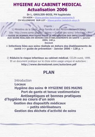 HYGIENE AU CABINET MEDICAL Actualisation 2006