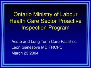 Ontario Ministry of Labour Health Care Sector Proactive Inspection Program