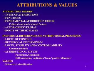 ATTRIBUTIONS &amp; VALUES ATTRIBUTION THEORY: TYPES OF ATTRIBUTIONS FUNCTIONS FUNDAMENTAL ATTRIBUTION ERROR 	Cultura