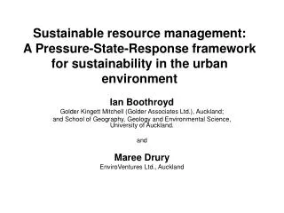 Sustainable resource management: A Pressure-State-Response framework for sustainability in the urban environment