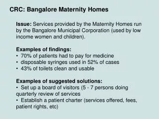 CRC: Bangalore Maternity Homes
