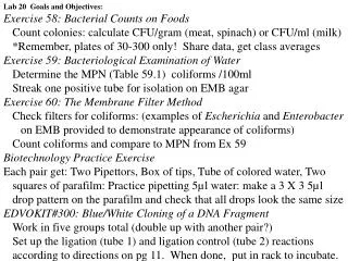 Lab 20 Goals and Objectives: Exercise 58: Bacterial Counts on Foods