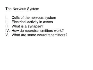 The Nervous System Cells of the nervous system Electrical activity in axons What is a synapse? How do neurotransmitters