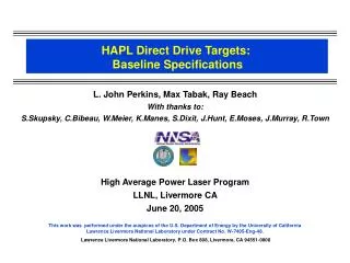 HAPL Direct Drive Targets: Baseline Specifications