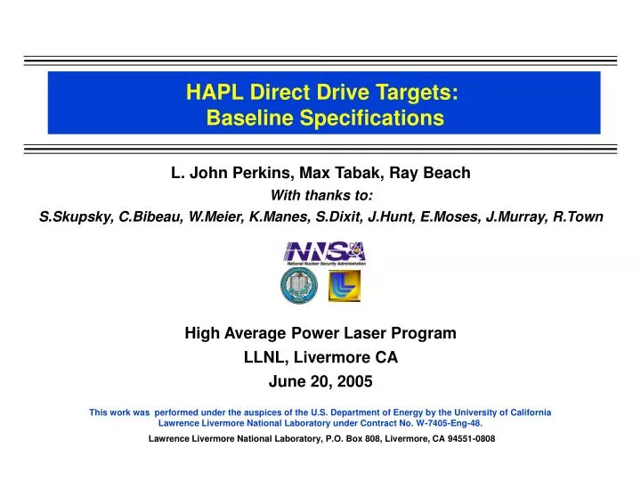 hapl direct drive targets baseline specifications
