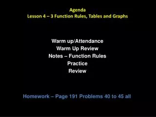 Agenda Lesson 4 – 3 Function Rules, Tables and Graphs