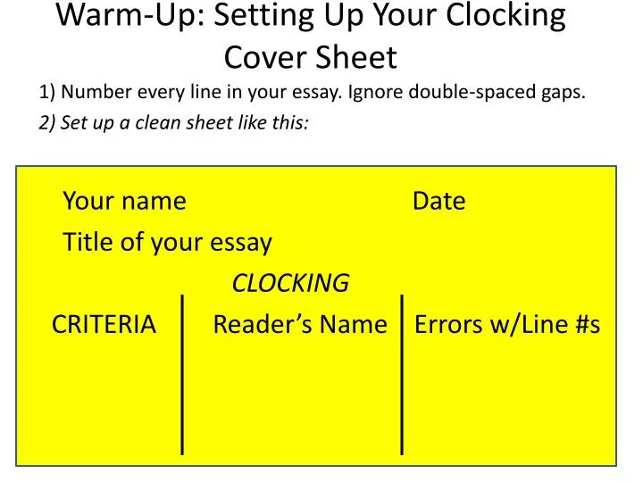 warm up setting up your clocking cover sheet