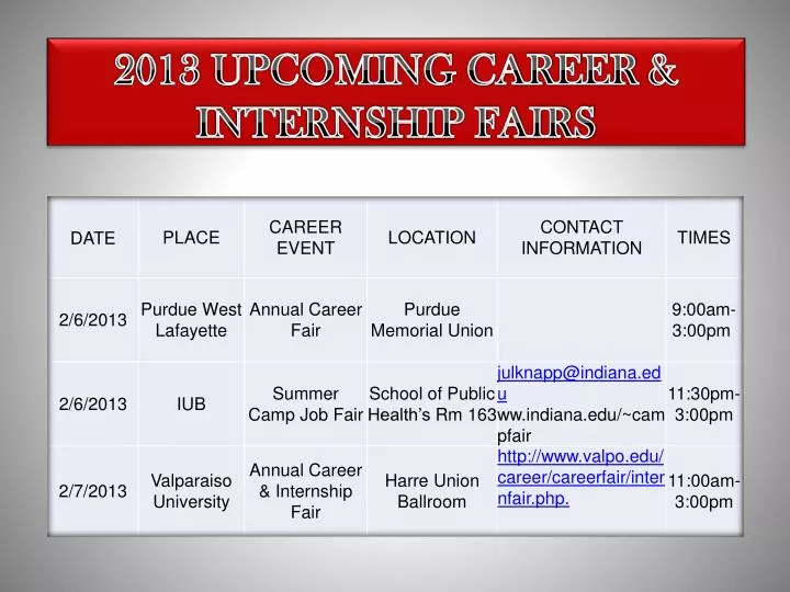 2013 upcoming career internship fairs