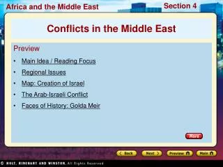 Preview Main Idea / Reading Focus Regional Issues Map: Creation of Israel The Arab-Israeli Conflict Faces of History: Go