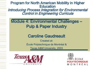 Program for North American Mobility in Higher Education Introducing Process Integration for Environmental Control in Eng