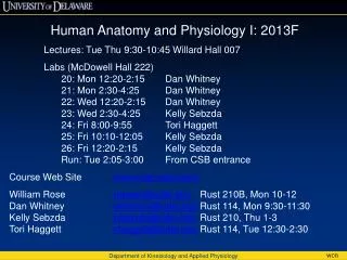 Human Anatomy and Physiology I: 2013F Lectures: Tue Thu 9:30-10:45 Willard Hall 007 Labs (McDowell Hall 222) 20: Mon 12: