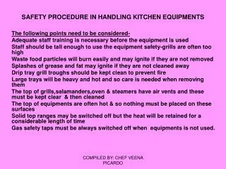 SAFETY PROCEDURE IN HANDLING KITCHEN EQUIPMENTS