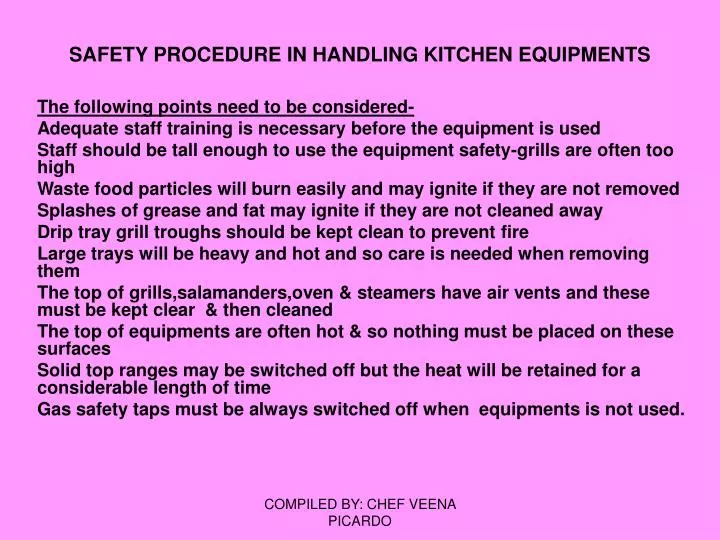 safety procedure in handling kitchen equipments