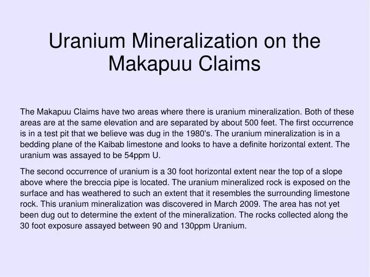 uranium mineralization on the makapuu claims