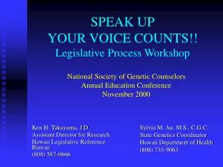 SPEAK UP YOUR VOICE COUNTS!! Legislative Process Workshop