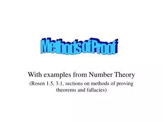 With examples from Number Theory (Rosen 1.5, 3.1, sections on methods of proving theorems and fallacies)