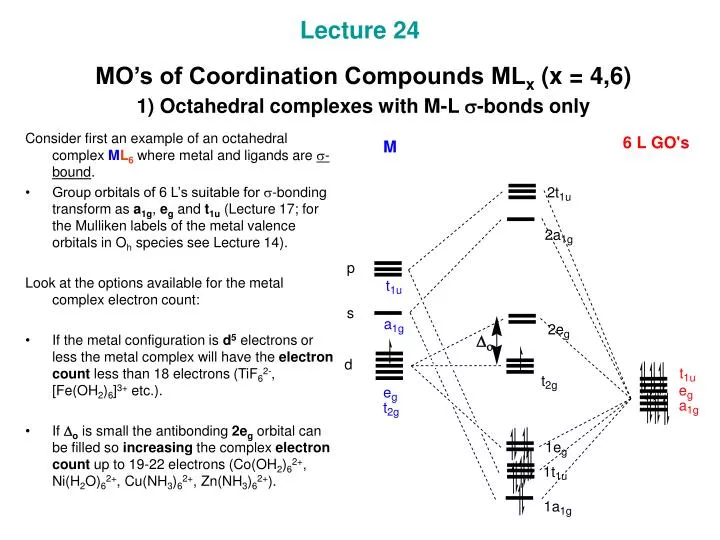 lecture 24 mo s of coordination compounds ml x x 4 6 1 octahedral complexes with m l s bonds only
