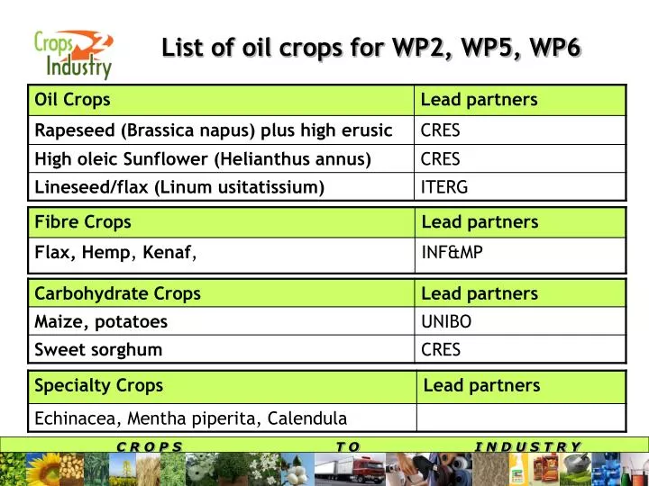list of oil crops for wp2 wp5 wp6