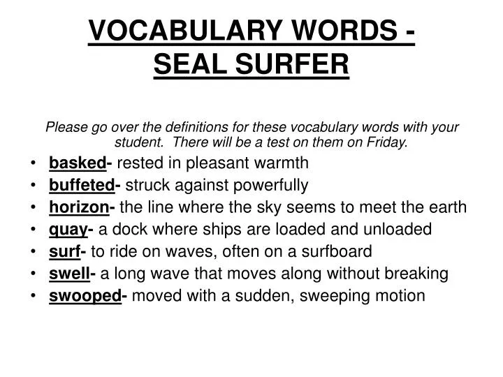 vocabulary words seal surfer