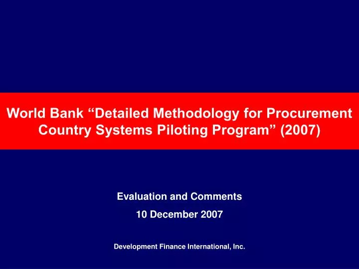 world bank detailed methodology for procurement country systems piloting program 2007