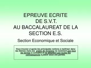 EPREUVE ECRITE DE S.V.T. AU BACCALAUREAT DE LA SECTION E.S.