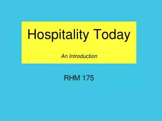 Hospitality Today An Introduction