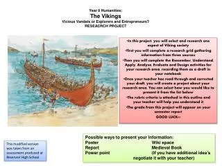 Year 8 Humanities: The Vikings Vicious Vandals or Explorers and Entrepreneurs? RESEACRCH PROJECT