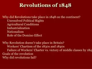 Why did Revolutions take place in 1848 on the continent? Unresolved Political Rights Agricultural Conditions Industriali