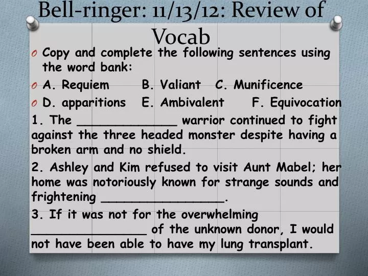 bell ringer 11 13 12 review of vocab
