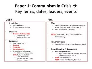 Paper 1: Communism in Crisis ? Key Terms, dates, leaders, events