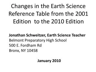 Changes in the Earth Science Reference Table from the 2001 Edition to the 2010 Edition