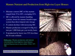 Moisture content (MC) of the manure ranged from 35 to 48%, averaging 41%.