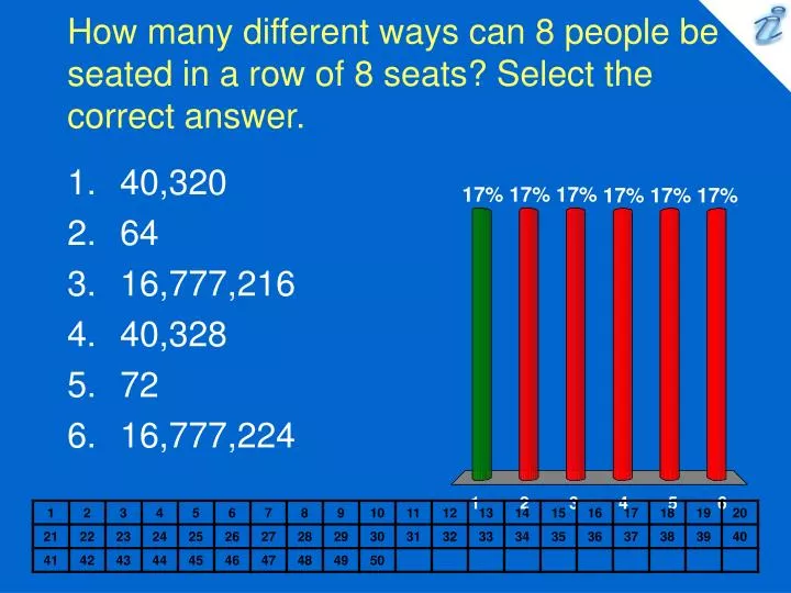 how many different ways can 8 people be seated in a row of 8 seats select the correct answer