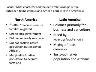 Focus: What characterized the early relationships of the European to indigenous and African people in the Americas?