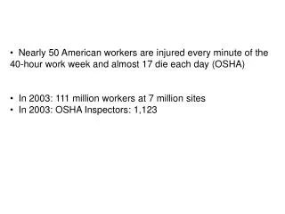 Nearly 50 American workers are injured every minute of the 40-hour work week and almost 17 die each day (OSHA)