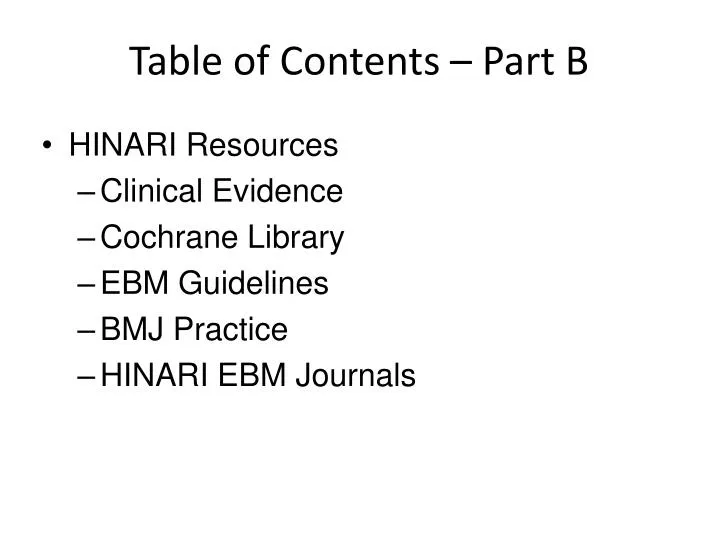 table of contents part b